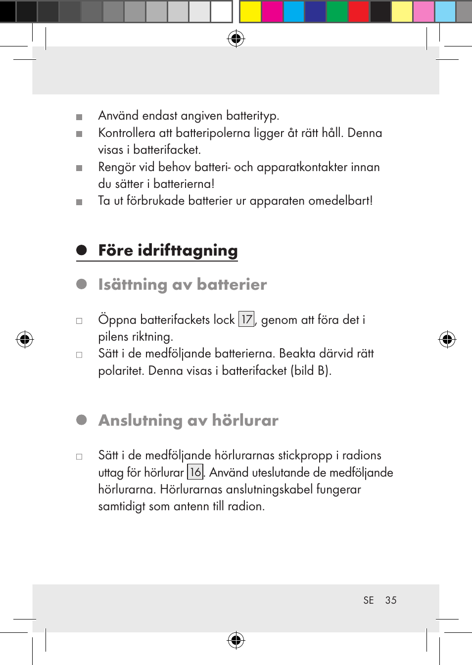 Före idrifttagning isättning av batterier, Anslutning av hörlurar | Silvercrest Z31436 User Manual | Page 35 / 41