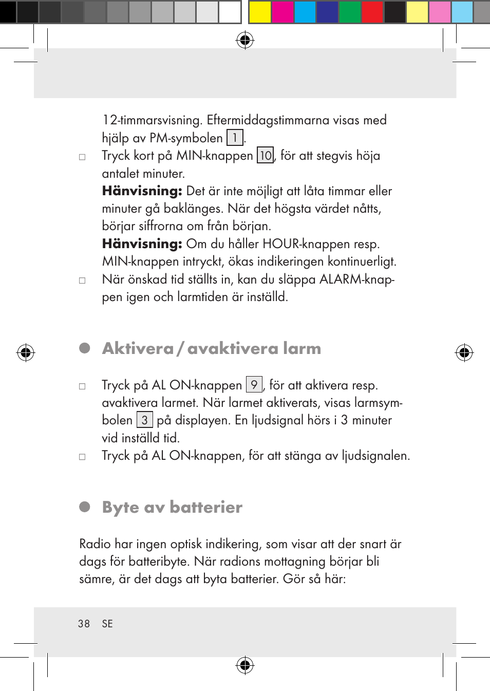 Aktivera / avaktivera larm, Byte av batterier | Silvercrest Z31436 User Manual | Page 38 / 41