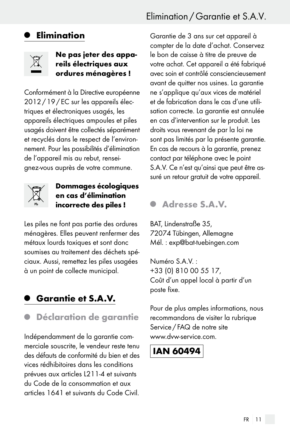 Elimination / garantie et s.a.v, Elimination, Garantie et s.a.v | Déclaration de garantie, Adresse s.a.v | Silvercrest Electrical Sockets User Manual | Page 11 / 29