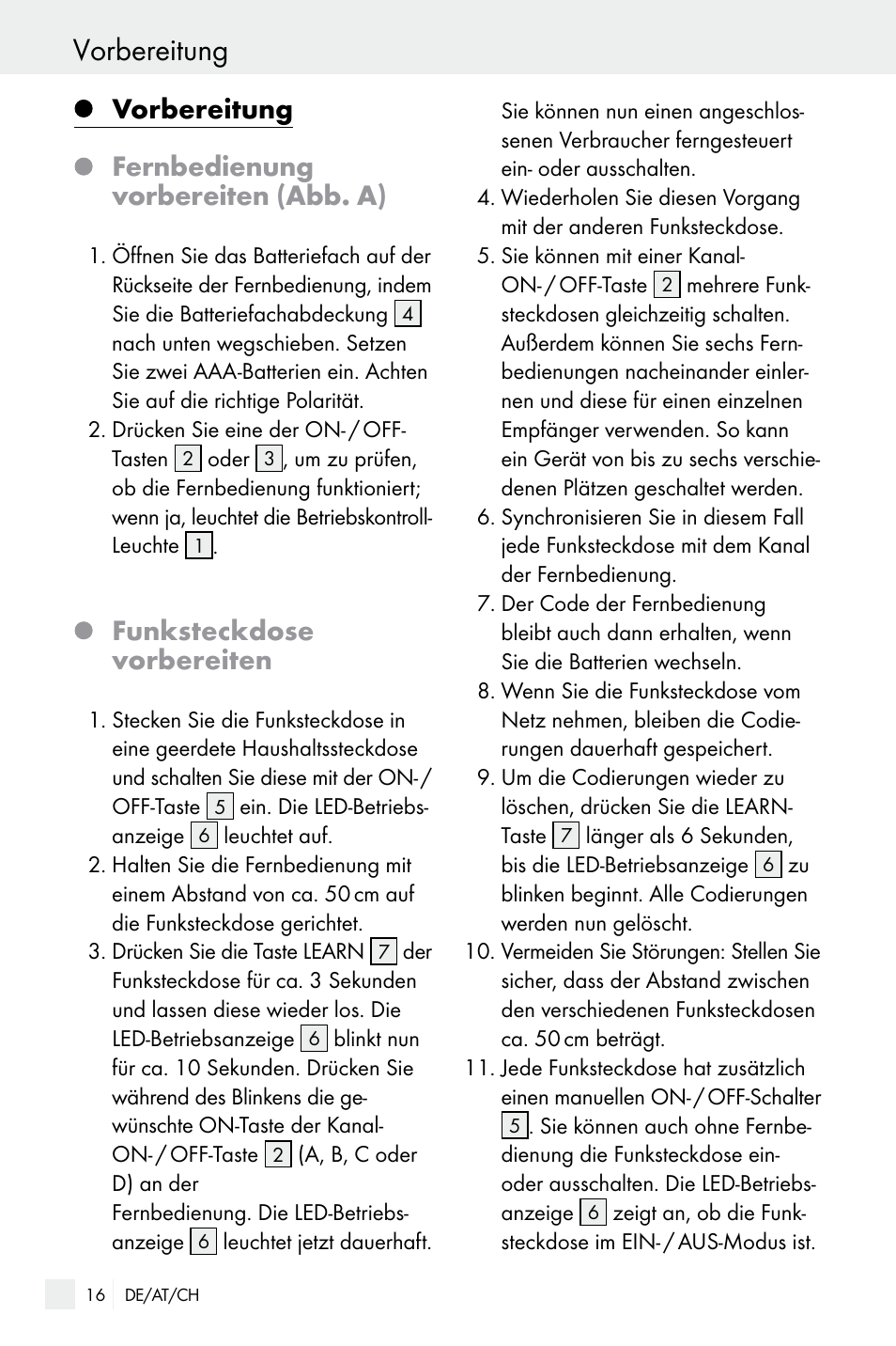 Vorbereitung, Vorbereitung fernbedienung vorbereiten (abb. a), Funksteckdose vorbereiten | Silvercrest Electrical Sockets User Manual | Page 16 / 29