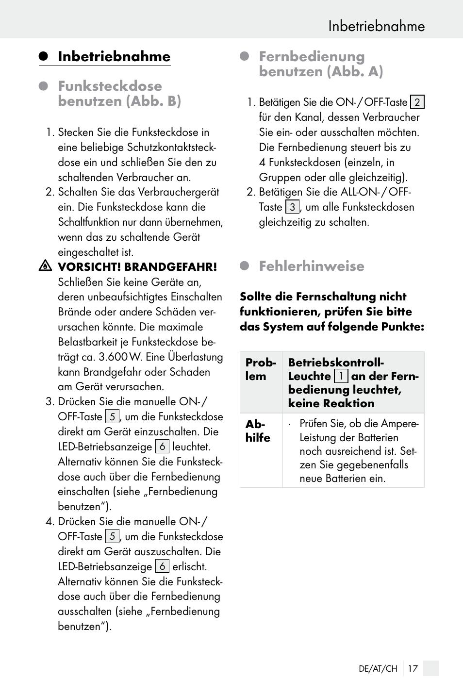 Inbetriebnahme, Inbetriebnahme funksteckdose benutzen (abb. b), Fernbedienung benutzen (abb. a) | Fehlerhinweise | Silvercrest Electrical Sockets User Manual | Page 17 / 29