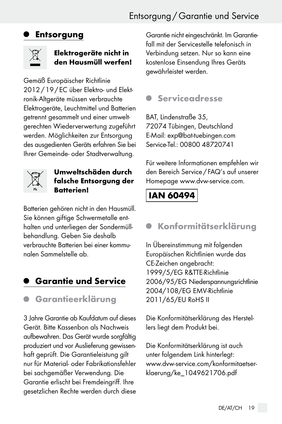 Entsorgung / garantie und service, Entsorgung, Garantie und service garantieerklärung | Serviceadresse | Silvercrest Electrical Sockets User Manual | Page 19 / 29