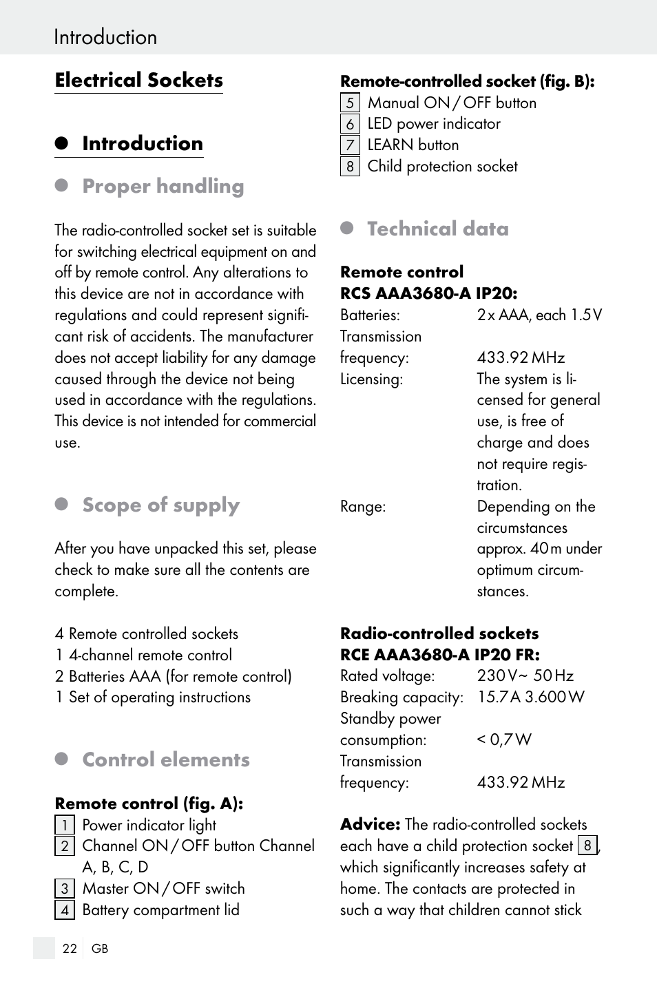 Introduction, Electrical sockets, Proper handling | Scope of supply, Control elements, Technical data | Silvercrest Electrical Sockets User Manual | Page 22 / 29