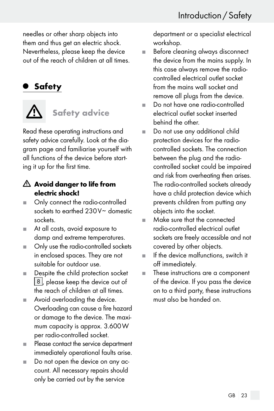 Introduction / safety, Safety, Safety advice | Silvercrest Electrical Sockets User Manual | Page 23 / 29