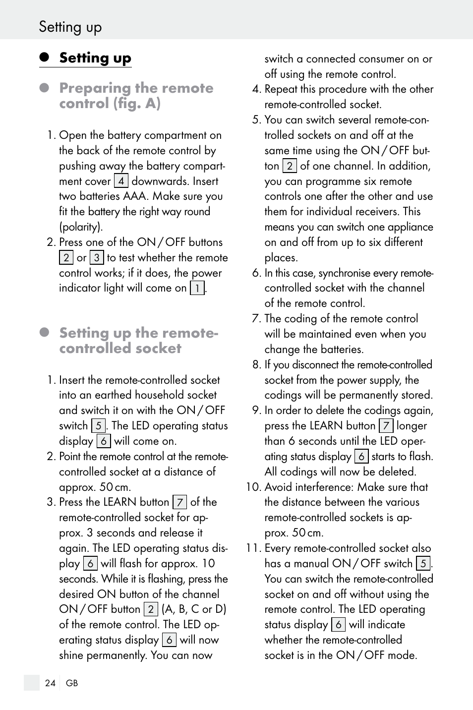 Setting up, Preparing the remote control (fig. a), Setting up the remote- controlled socket | Silvercrest Electrical Sockets User Manual | Page 24 / 29
