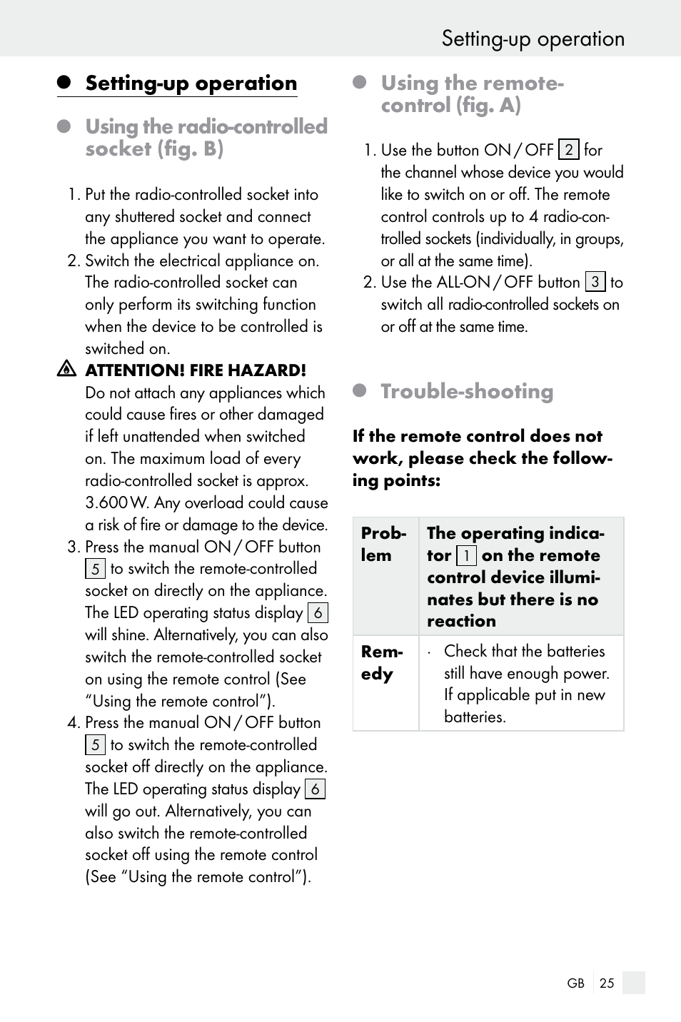 Setting-up operation, Using the radio-controlled socket (fig. b), Using the remote- control (fig. a) | Trouble-shooting | Silvercrest Electrical Sockets User Manual | Page 25 / 29