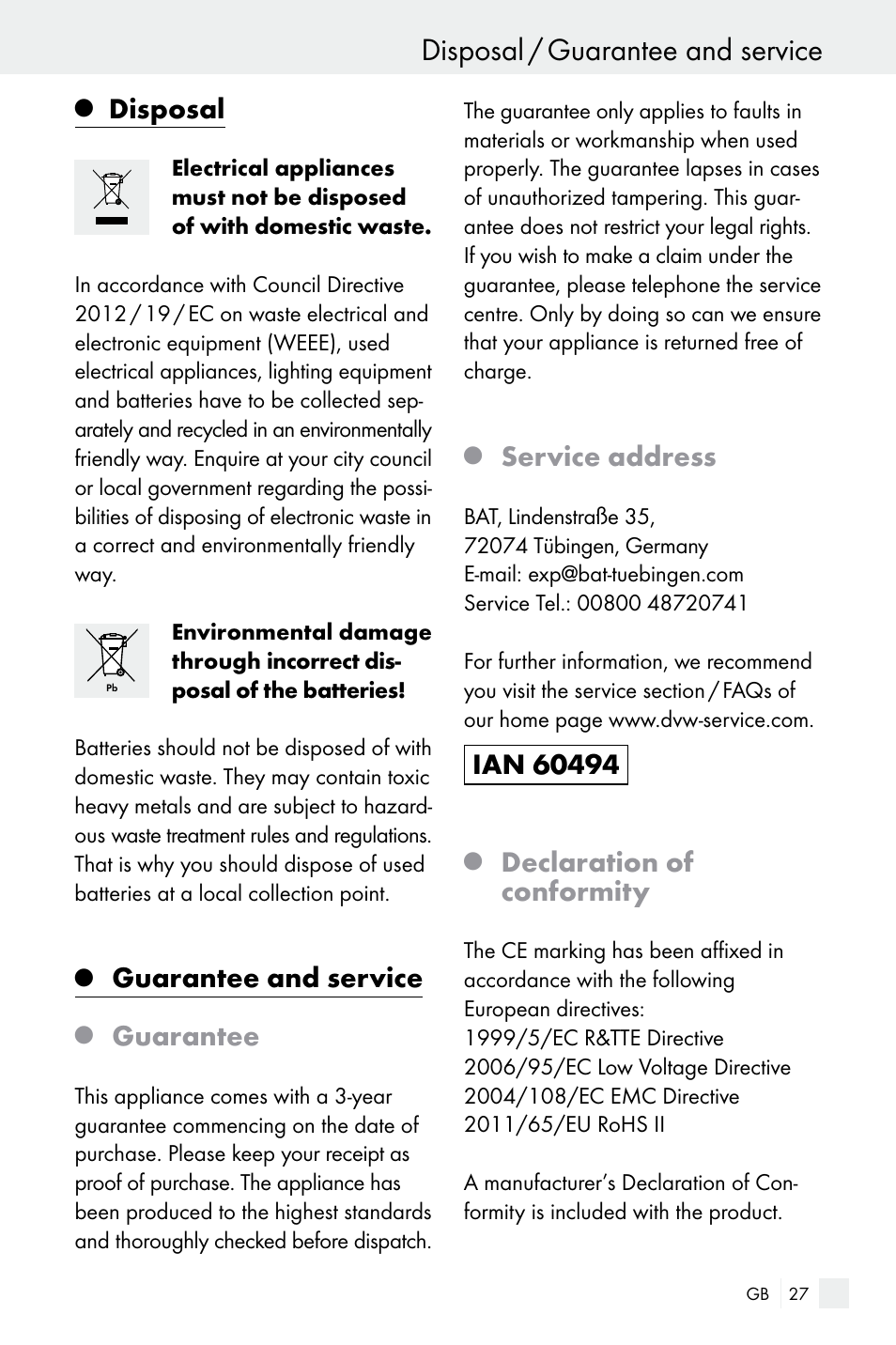 Disposal / guarantee and service, Disposal, Guarantee and service | Guarantee, Service address, Declaration of conformity | Silvercrest Electrical Sockets User Manual | Page 27 / 29