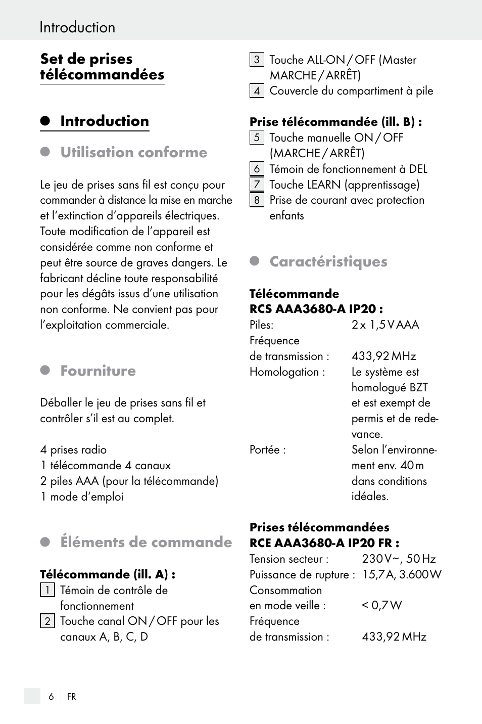 Introduction, Set de prises télécommandées, Utilisation conforme | Fourniture, Éléments de commande, Caractéristiques | Silvercrest Electrical Sockets User Manual | Page 6 / 29