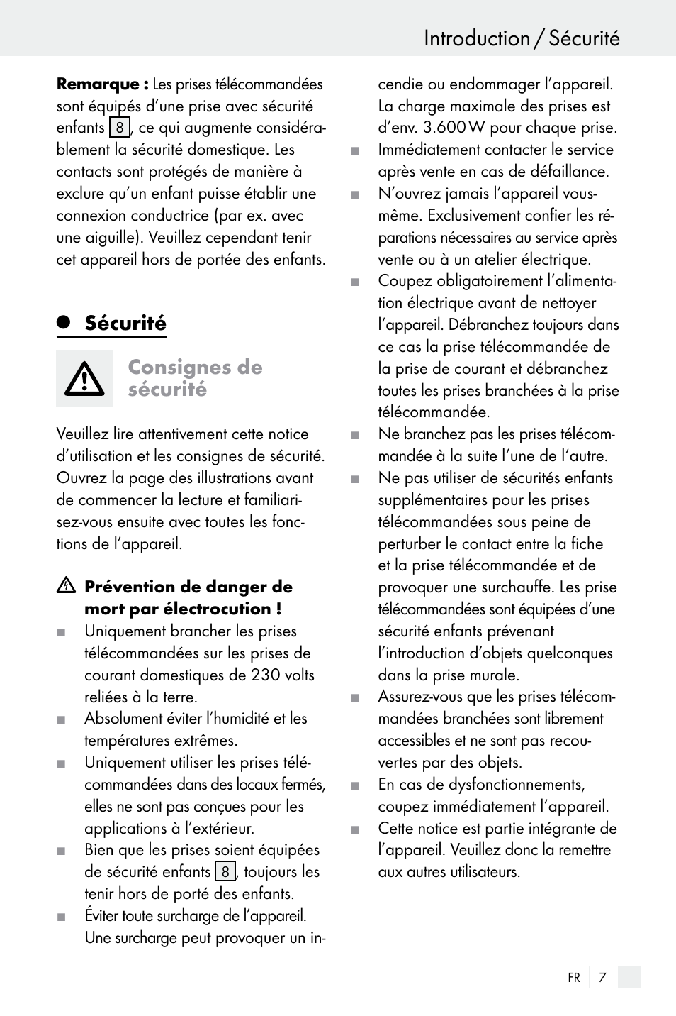 Introduction / sécurité, Sécurité consignes de sécurité | Silvercrest Electrical Sockets User Manual | Page 7 / 29
