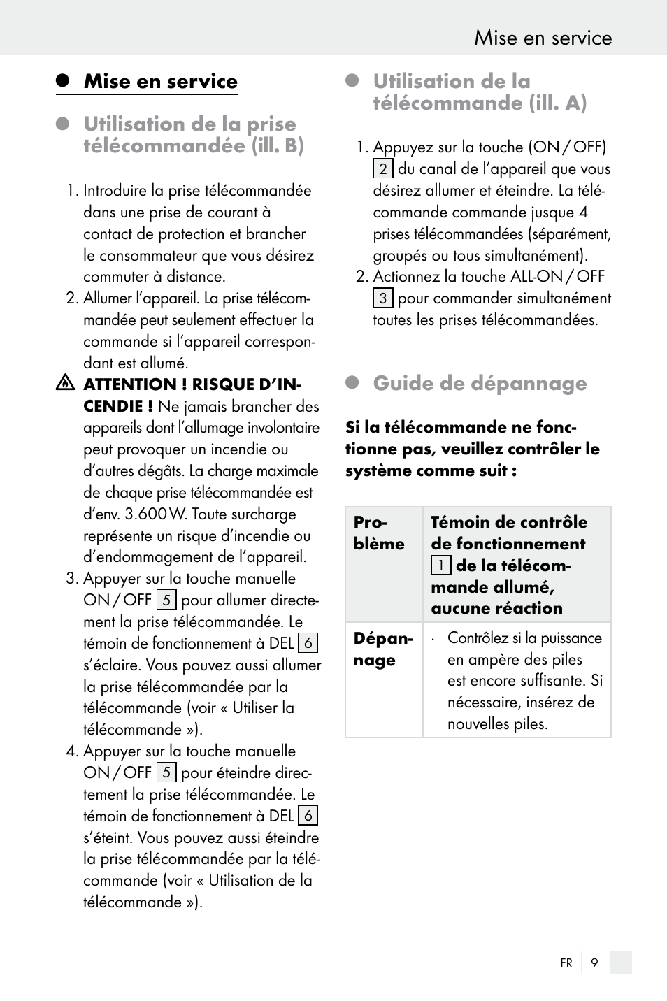 Mise en service, Utilisation de la prise télécommandée (ill. b), Utilisation de la télécommande (ill. a) | Guide de dépannage | Silvercrest Electrical Sockets User Manual | Page 9 / 29