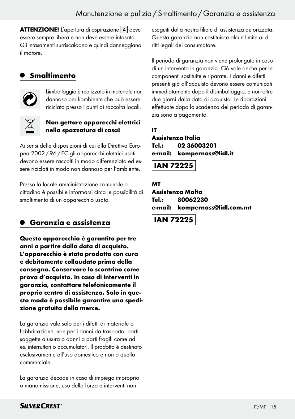 Smaltimento, Garanzia e assistenza | Silvercrest SHS 12.0 A1 User Manual | Page 15 / 35