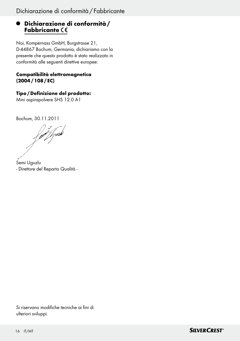 Dichiarazione di conformità / fabbricante índice, Dichiarazione di conformità / fabbricante | Silvercrest SHS 12.0 A1 User Manual | Page 16 / 35