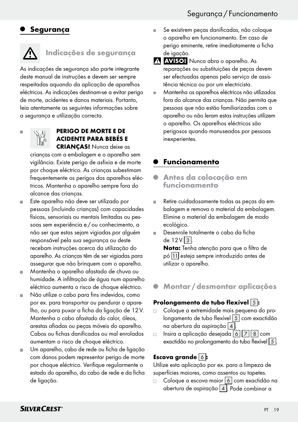 Segurança / funcionamento introdução, Segurança, Indicações de segurança | Funcionamento, Antes da colocação em funcionamento, Montar / desmontar aplicações | Silvercrest SHS 12.0 A1 User Manual | Page 19 / 35