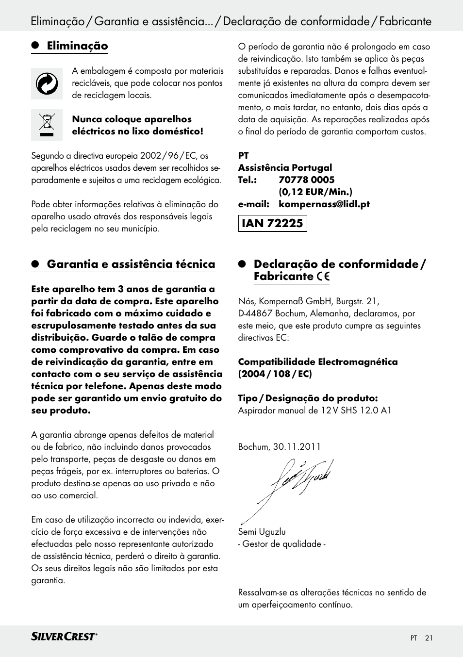 Eliminação, Garantia e assistência técnica, Declaração de conformidade / fabricante | Silvercrest SHS 12.0 A1 User Manual | Page 21 / 35