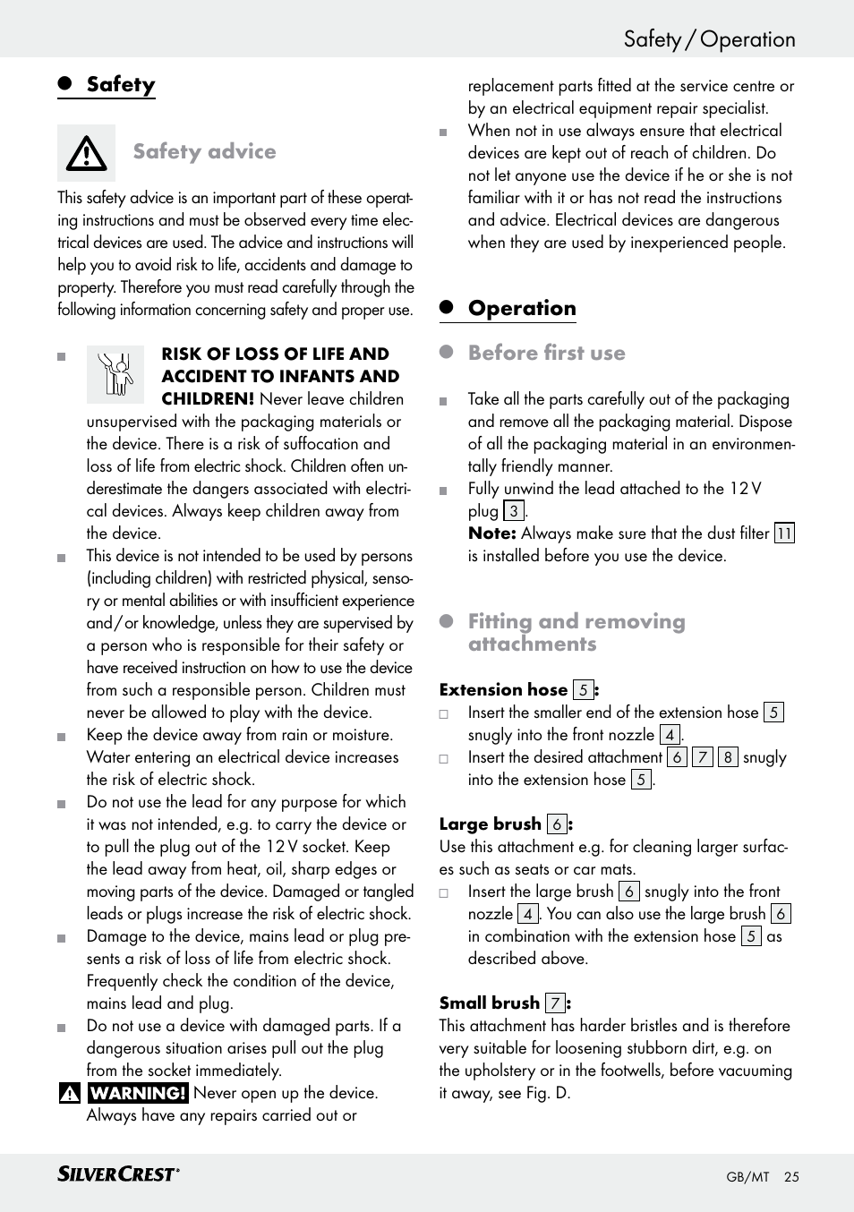 Safety / operation introduction, Safety, Safety advice | Operation, Before first use, Fitting and removing attachments | Silvercrest SHS 12.0 A1 User Manual | Page 25 / 35