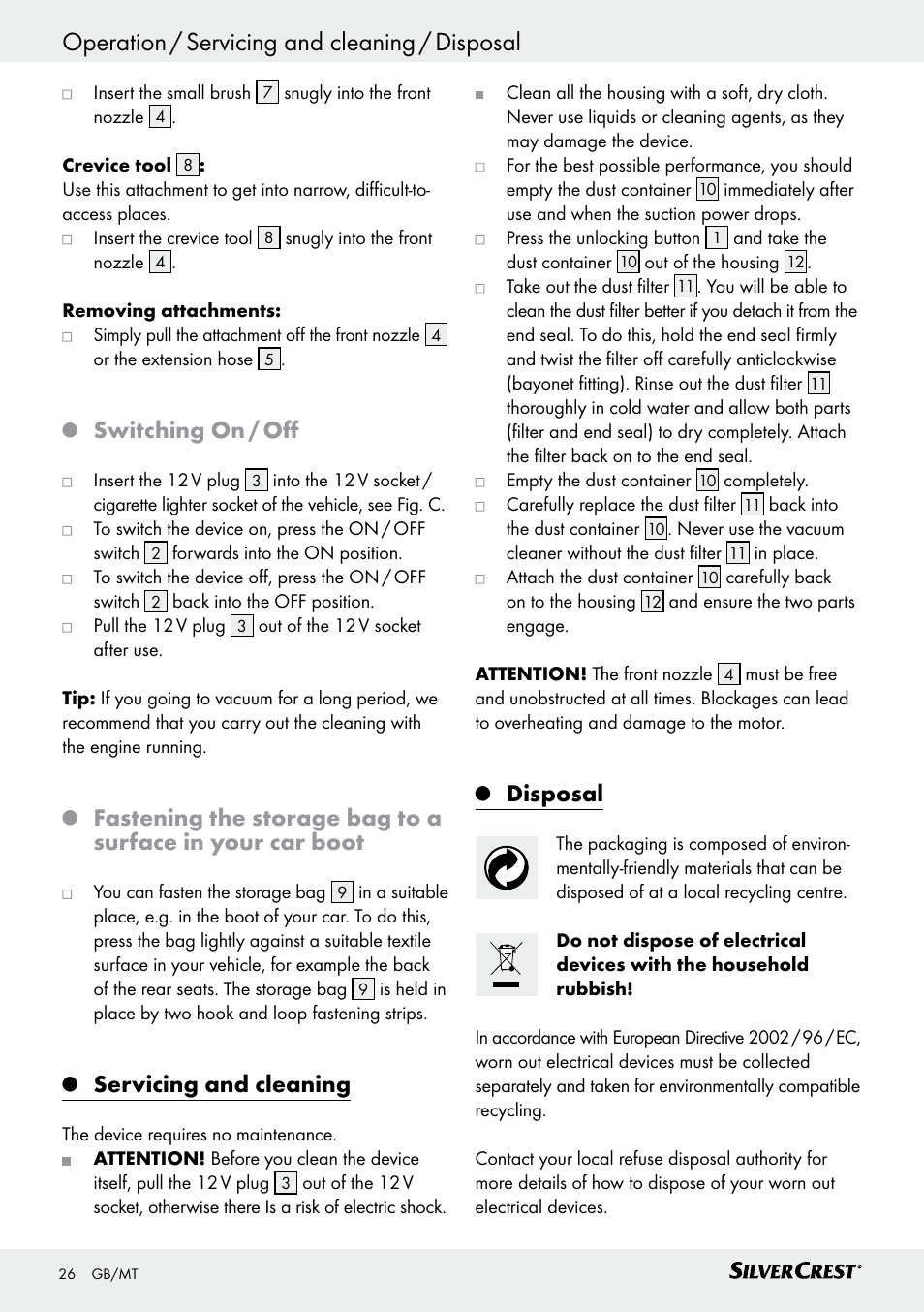 Switching on / off, Servicing and cleaning, Disposal | Silvercrest SHS 12.0 A1 User Manual | Page 26 / 35