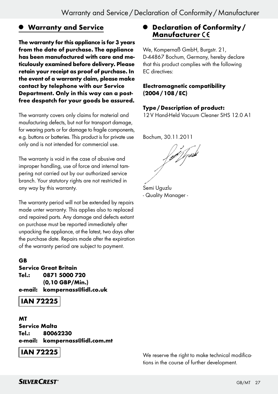 Warranty and service, Declaration of conformity / manufacturer | Silvercrest SHS 12.0 A1 User Manual | Page 27 / 35