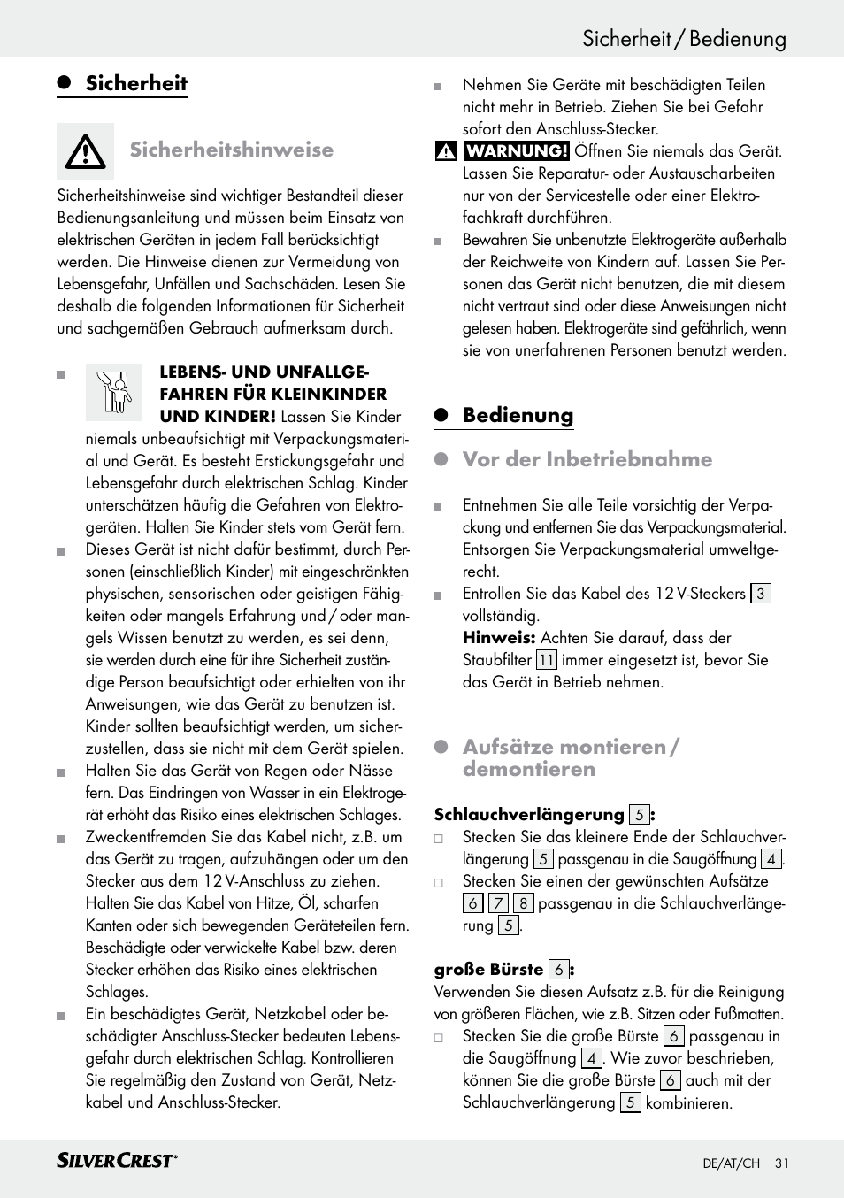Sicherheit / bedienung, Sicherheit, Sicherheitshinweise | Bedienung, Vor der inbetriebnahme, Aufsätze montieren / demontieren | Silvercrest SHS 12.0 A1 User Manual | Page 31 / 35