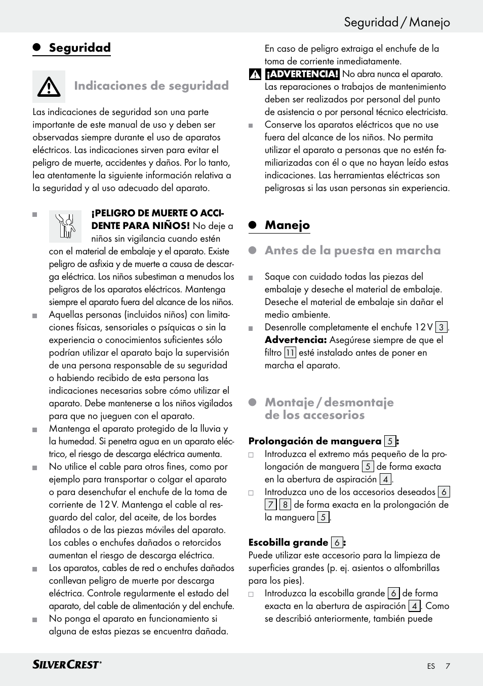 Seguridad / manejo introducción, Seguridad, Indicaciones de seguridad | Manejo, Antes de la puesta en marcha, Montaje / desmontaje de los accesorios | Silvercrest SHS 12.0 A1 User Manual | Page 7 / 35