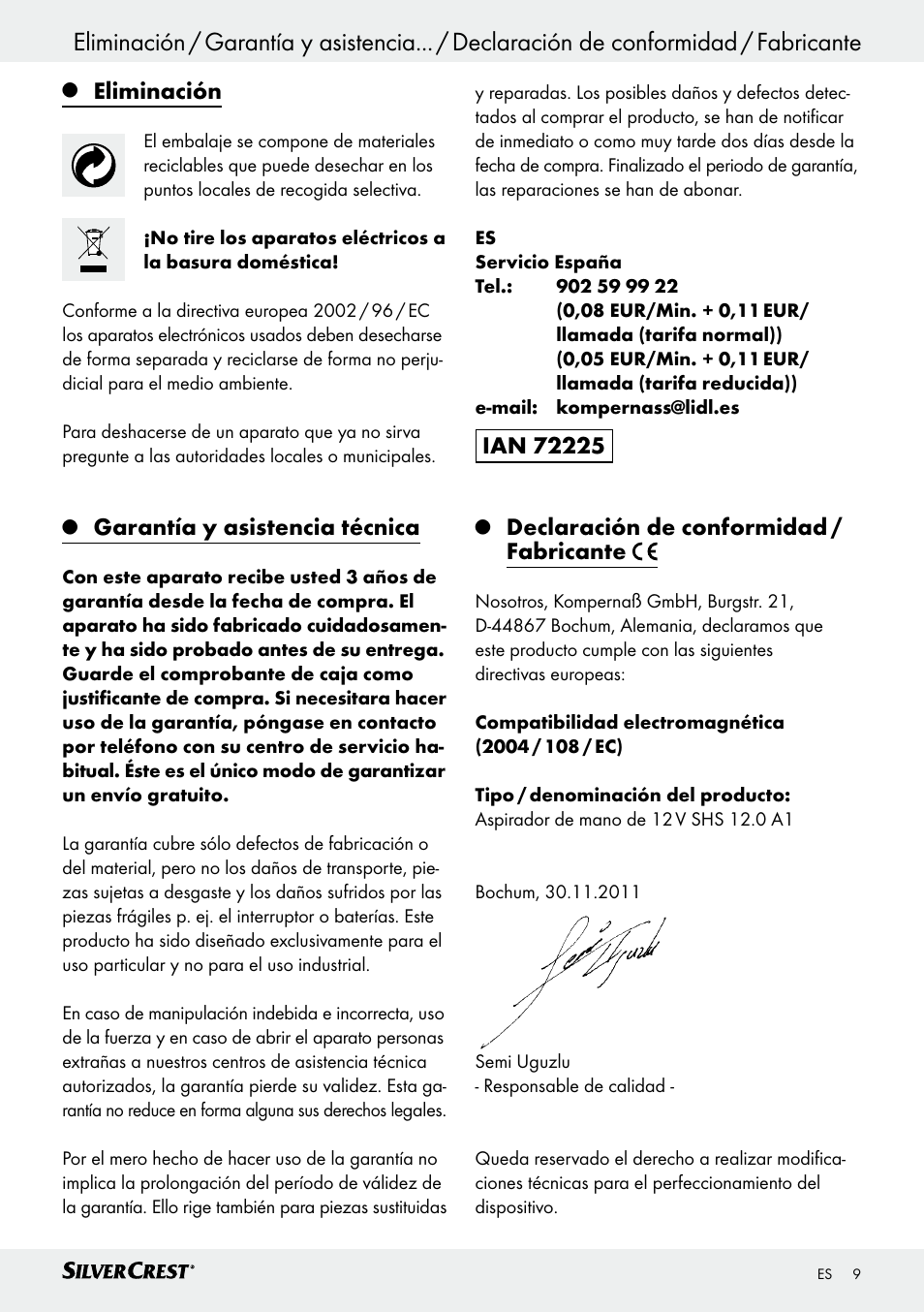 Eliminación, Garantía y asistencia técnica, Declaración de conformidad / fabricante | Silvercrest SHS 12.0 A1 User Manual | Page 9 / 35