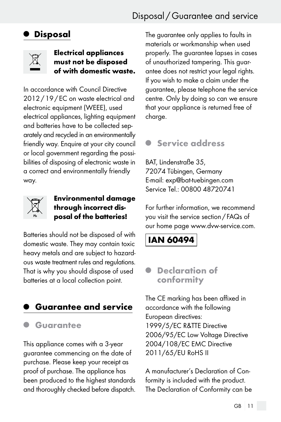 Disposal / guarantee and service, Disposal, Guarantee and service | Guarantee, Service address, Declaration of conformity | Silvercrest Electrical Sockets User Manual | Page 11 / 45