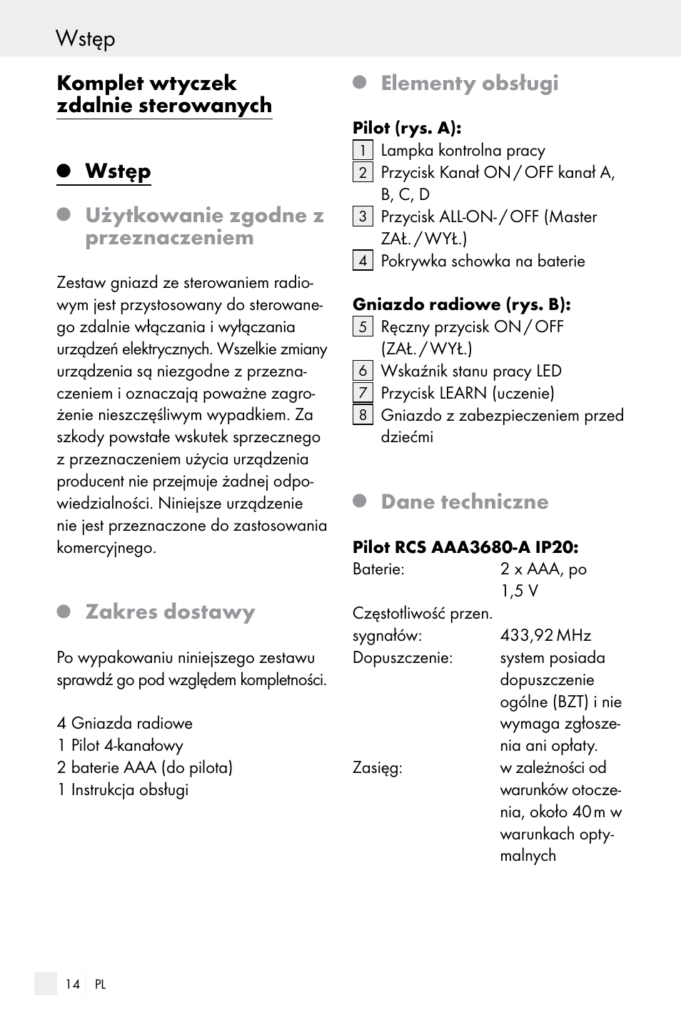 Wstęp, Komplet wtyczek zdalnie sterowanych, Użytkowanie zgodne z przeznaczeniem | Zakres dostawy, Elementy obsługi, Dane techniczne | Silvercrest Electrical Sockets User Manual | Page 14 / 45