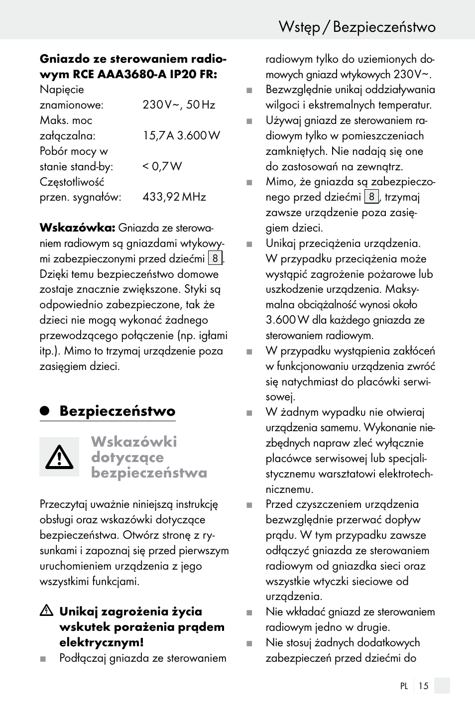 Wstęp / bezpieczeństwo, Bezpieczeństwo wskazówki dotyczące bezpieczeństwa | Silvercrest Electrical Sockets User Manual | Page 15 / 45