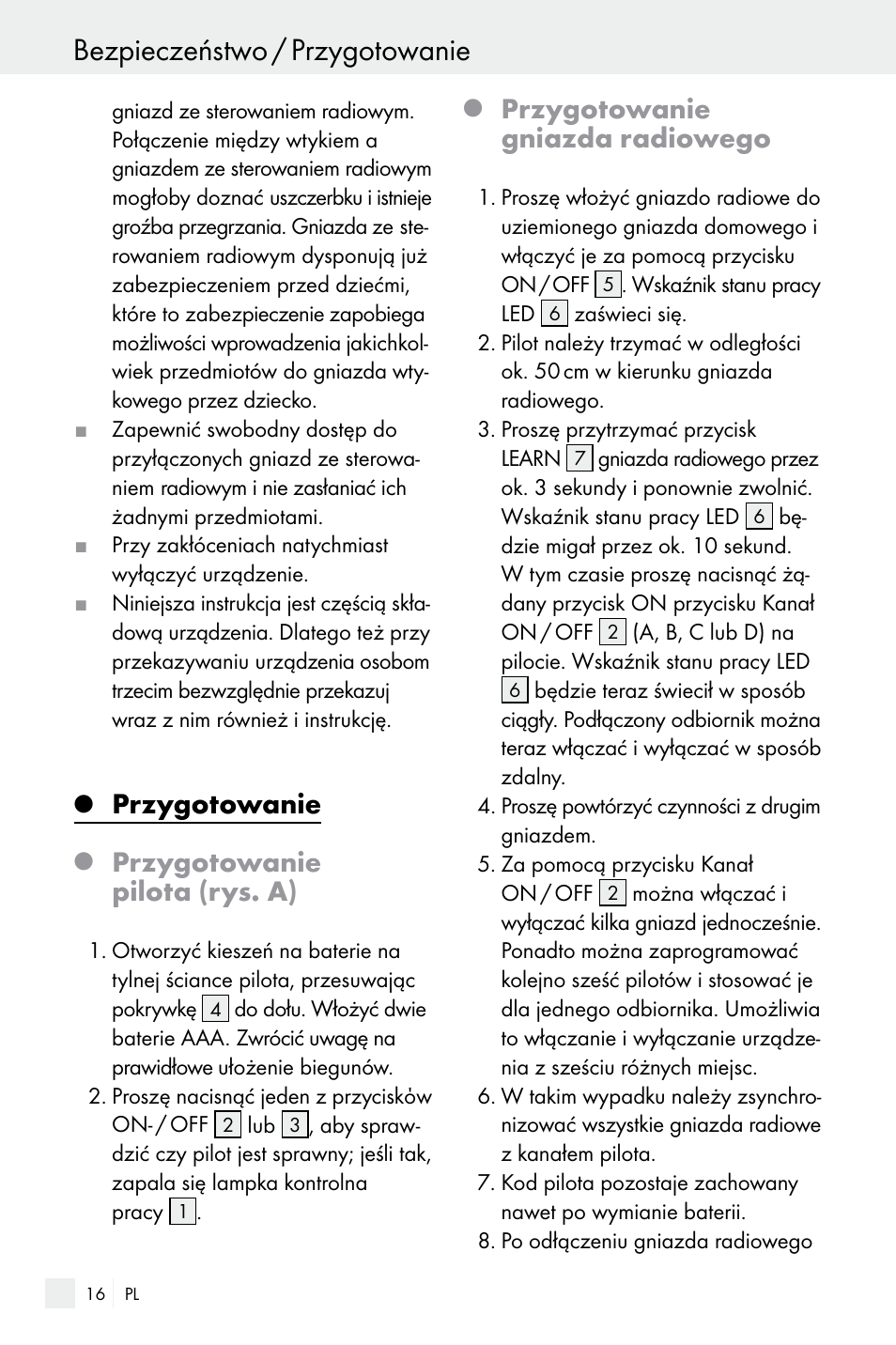 Bezpieczeństwo / przygotowanie, Przygotowanie, Przygotowanie pilota (rys. a) | Przygotowanie gniazda radiowego | Silvercrest Electrical Sockets User Manual | Page 16 / 45