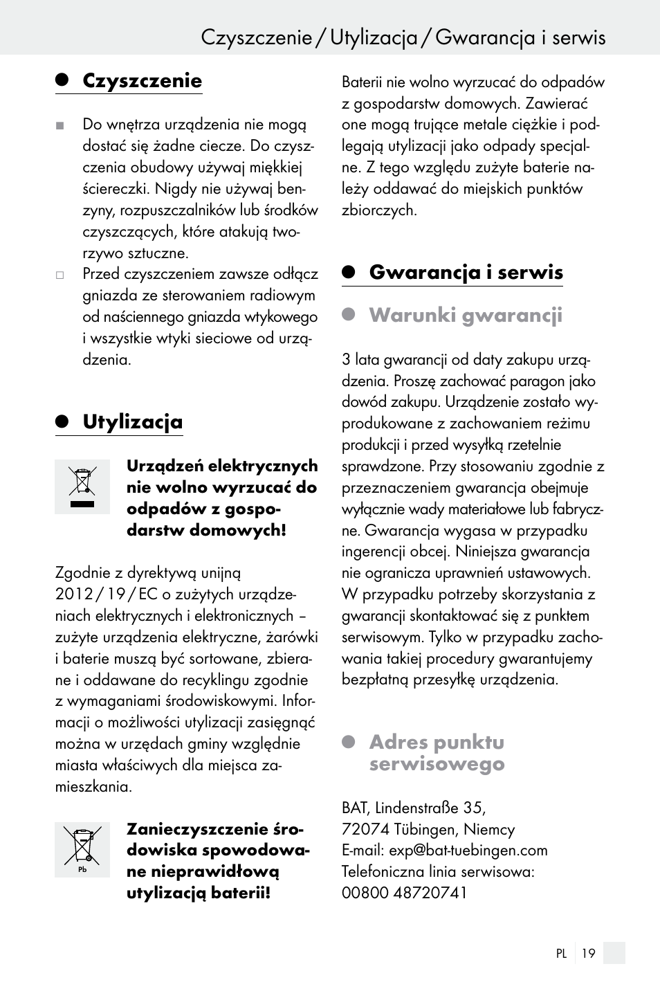 Czyszczenie / utylizacja / gwarancja i serwis, Czyszczenie, Utylizacja | Gwarancja i serwis, Warunki gwarancji, Adres punktu serwisowego | Silvercrest Electrical Sockets User Manual | Page 19 / 45