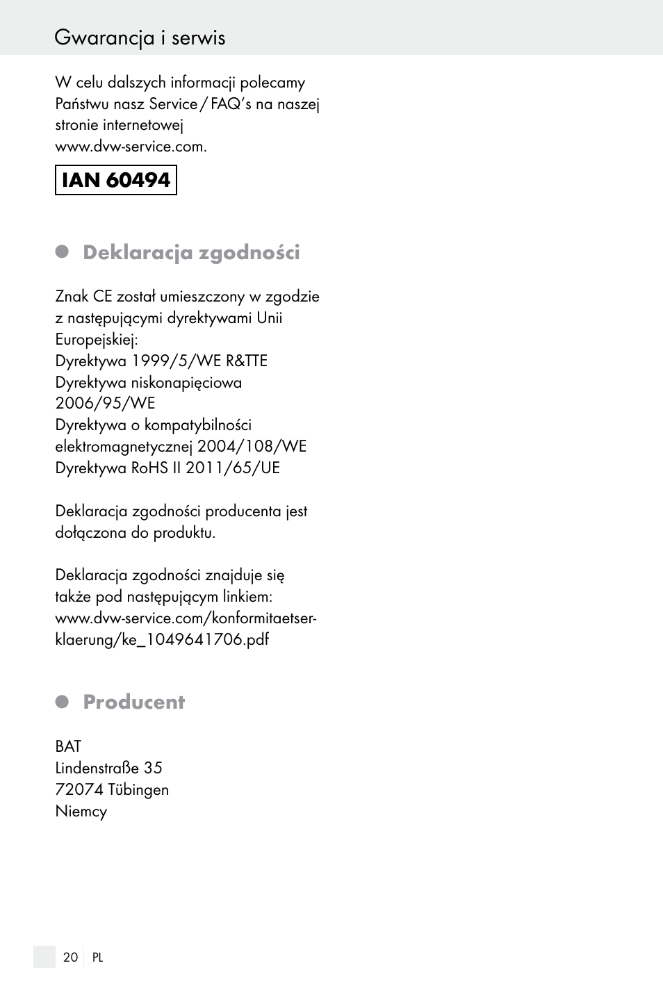 Gwarancja i serwis, Deklaracja zgodności, Producent | Silvercrest Electrical Sockets User Manual | Page 20 / 45