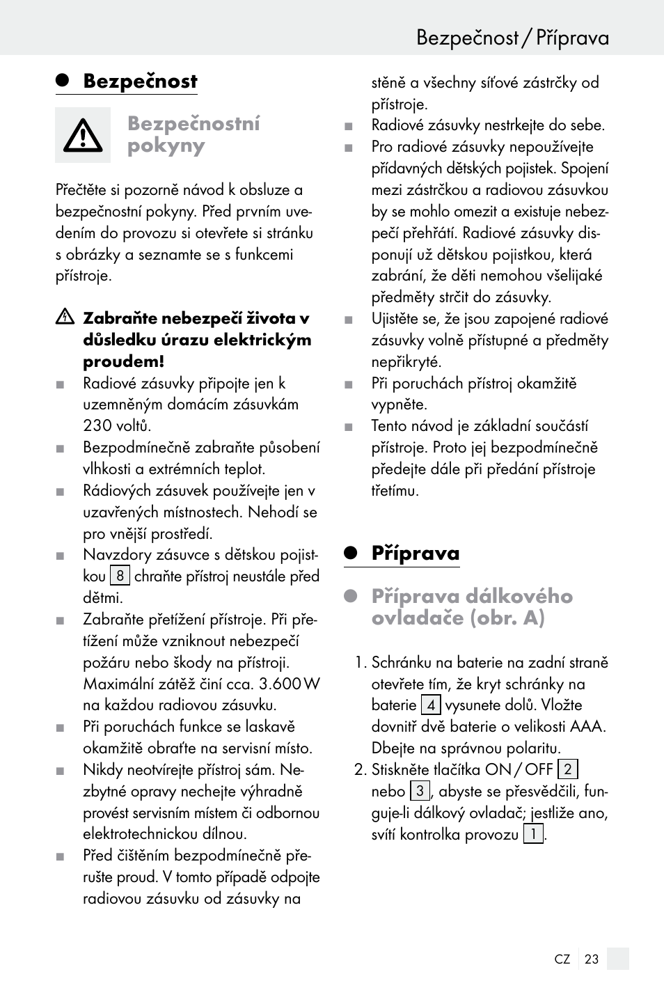 Bezpečnost / příprava, Bezpečnost, Bezpečnostní pokyny | Příprava, Příprava dálkového ovladače (obr. a) | Silvercrest Electrical Sockets User Manual | Page 23 / 45