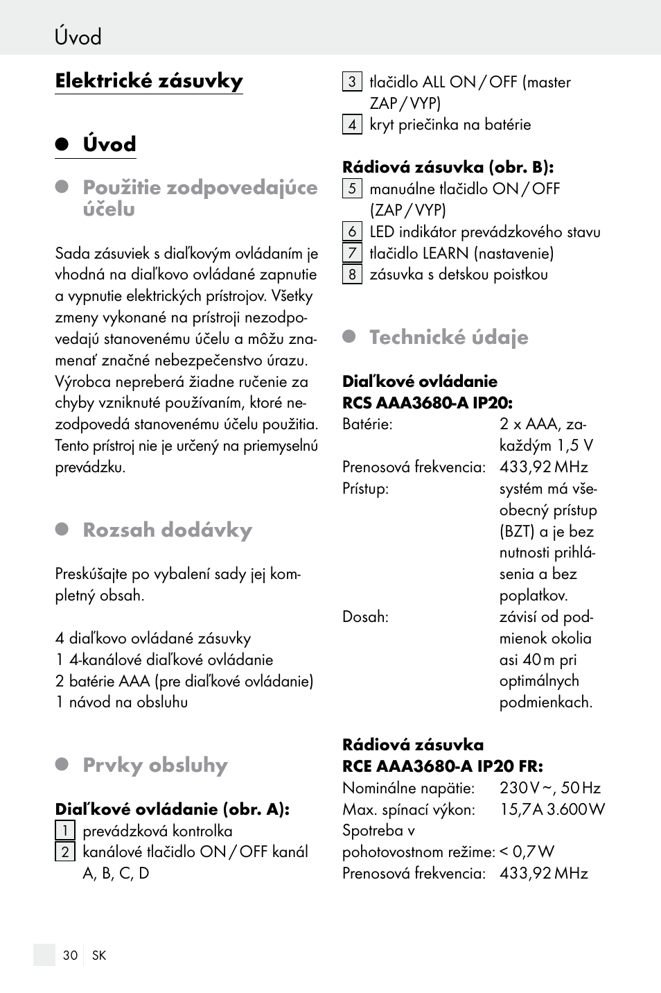 Úvod, Elektrické zásuvky, Použitie zodpovedajúce účelu | Rozsah dodávky, Prvky obsluhy, Technické údaje | Silvercrest Electrical Sockets User Manual | Page 30 / 45