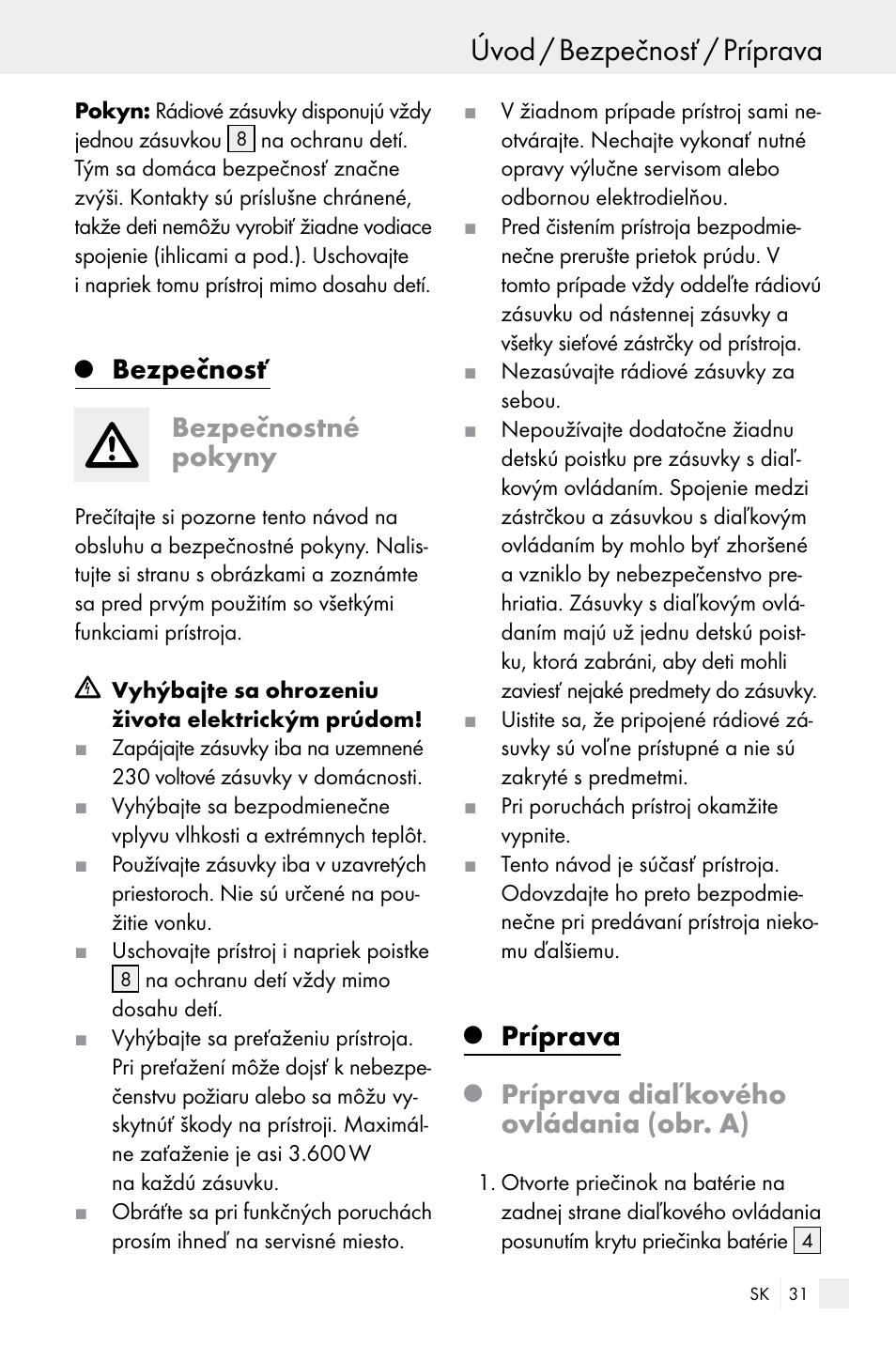 Úvod / bezpečnosť / príprava, Bezpečnosť, Bezpečnostné pokyny | Príprava, Príprava diaľkového ovládania (obr. a) | Silvercrest Electrical Sockets User Manual | Page 31 / 45