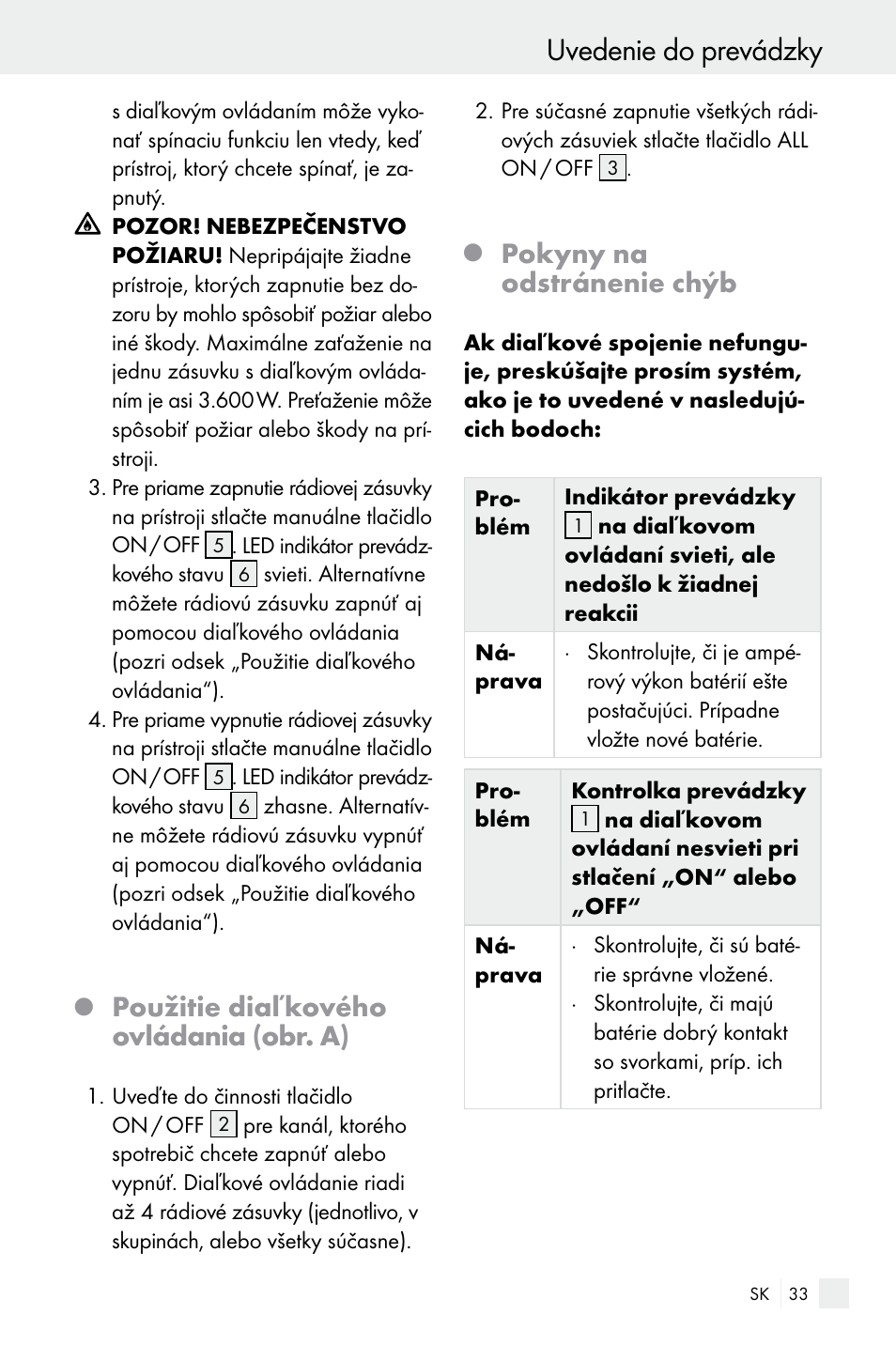 Uvedenie do prevádzky, Použitie diaľkového ovládania (obr. a), Pokyny na odstránenie chýb | Silvercrest Electrical Sockets User Manual | Page 33 / 45