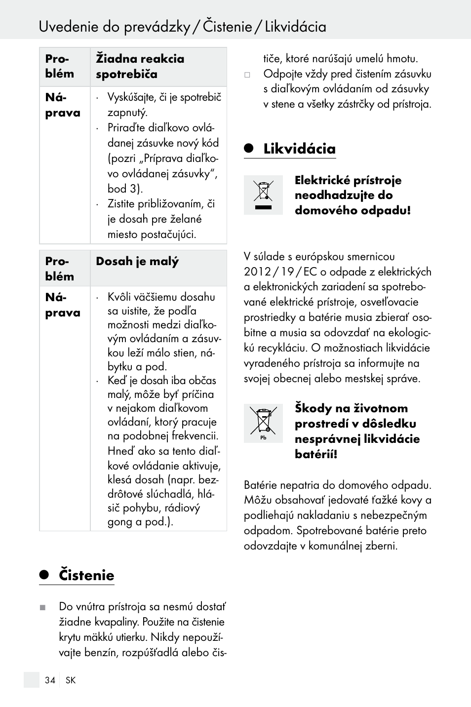 Uvedenie do prevádzky / čistenie / likvidácia, Čistenie, Likvidácia | Silvercrest Electrical Sockets User Manual | Page 34 / 45