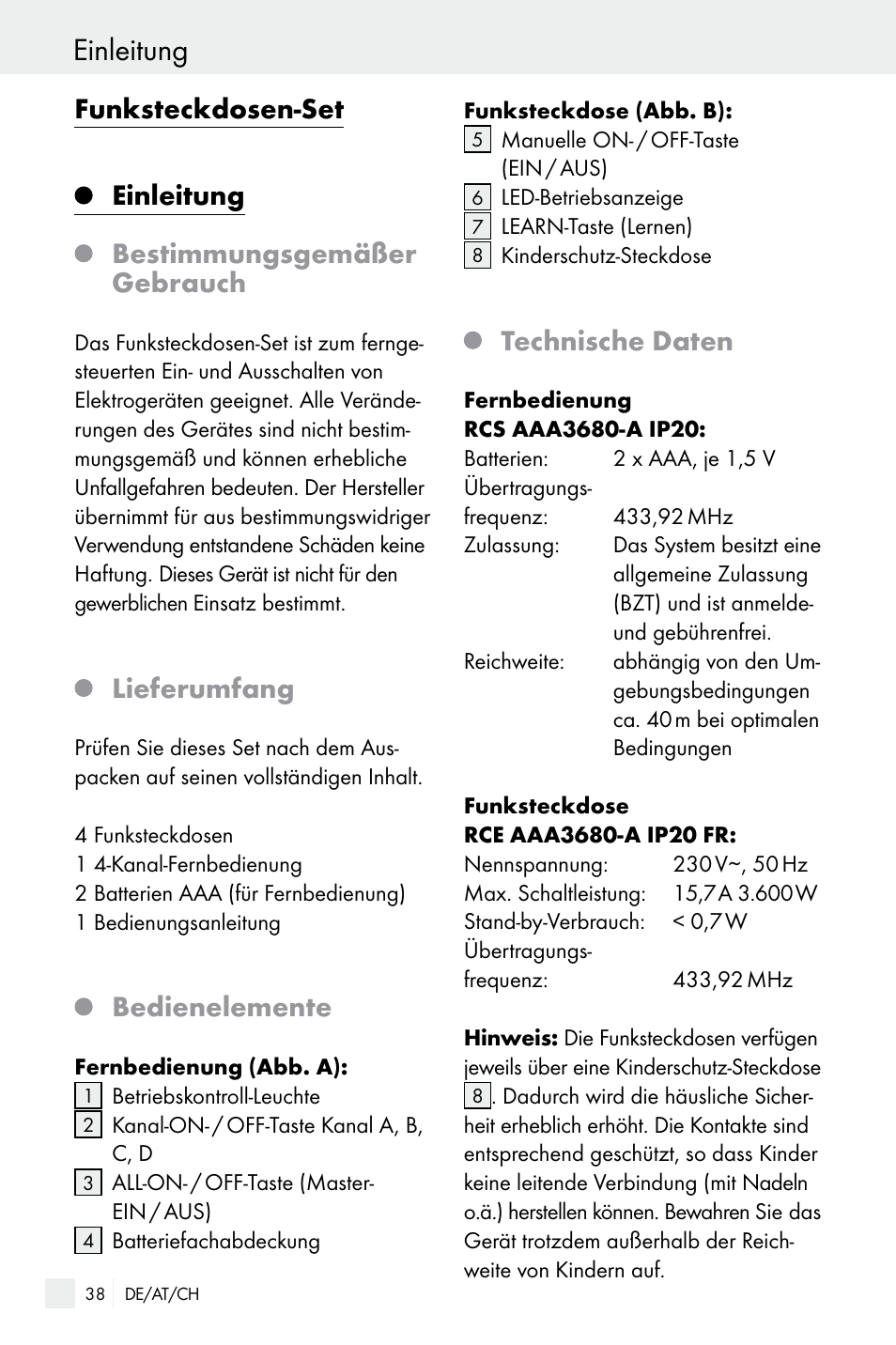 Einleitung, Lieferumfang, Bedienelemente | Technische daten | Silvercrest Electrical Sockets User Manual | Page 38 / 45