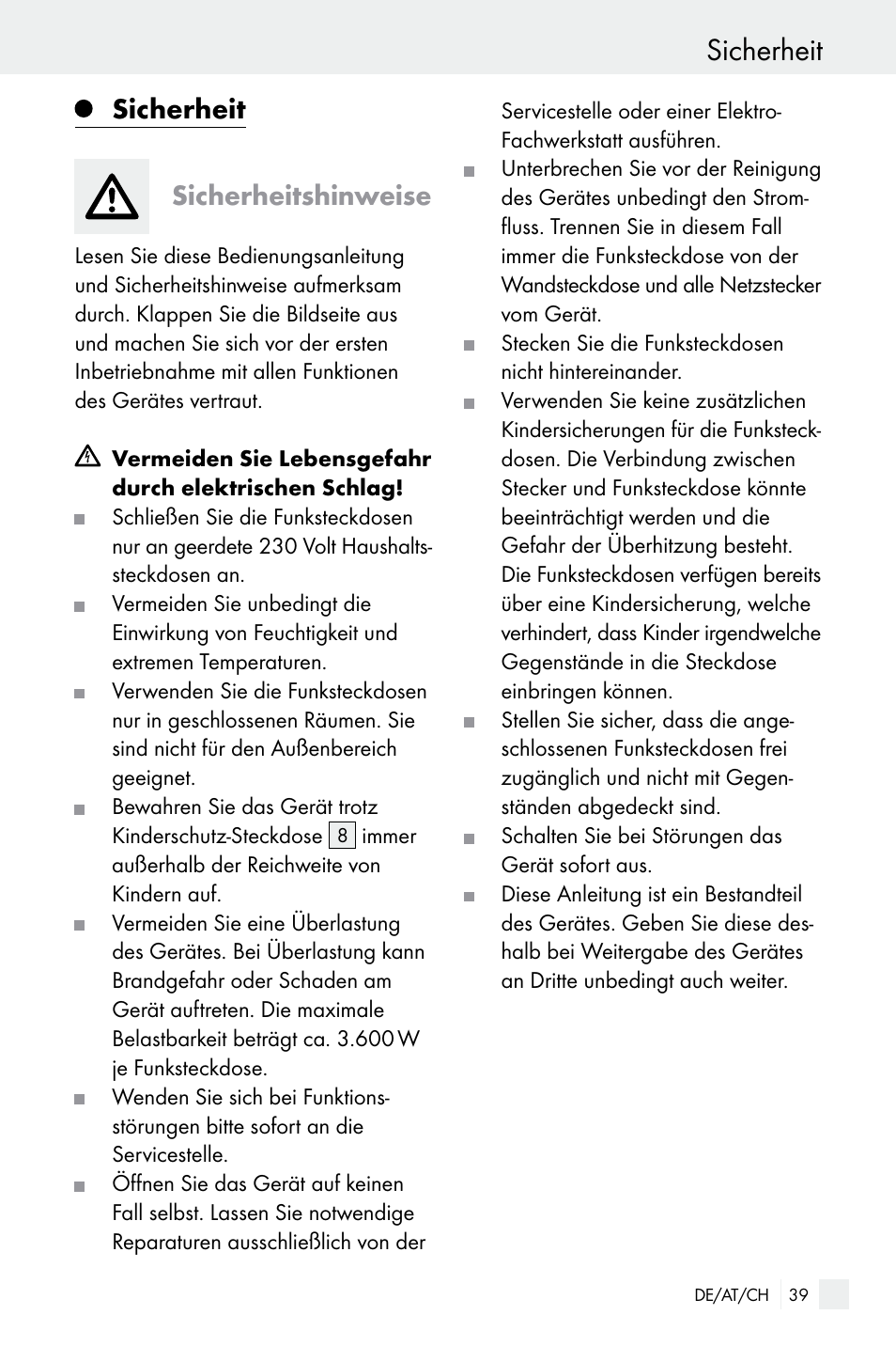 Sicherheit, Sicherheit sicherheitshinweise | Silvercrest Electrical Sockets User Manual | Page 39 / 45