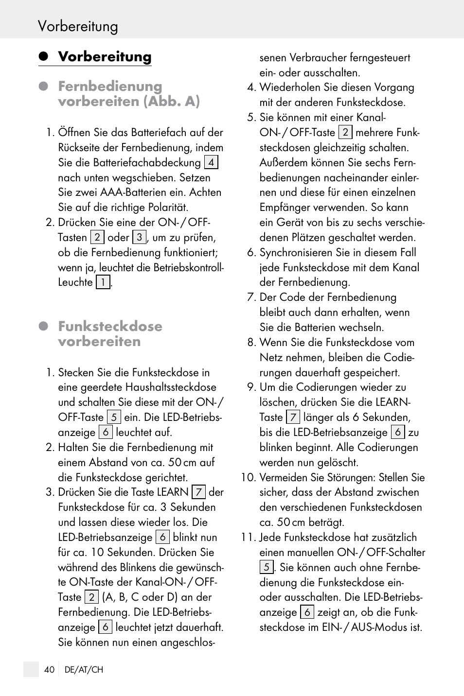 Vorbereitung, Vorbereitung fernbedienung vorbereiten (abb. a), Funksteckdose vorbereiten | Silvercrest Electrical Sockets User Manual | Page 40 / 45