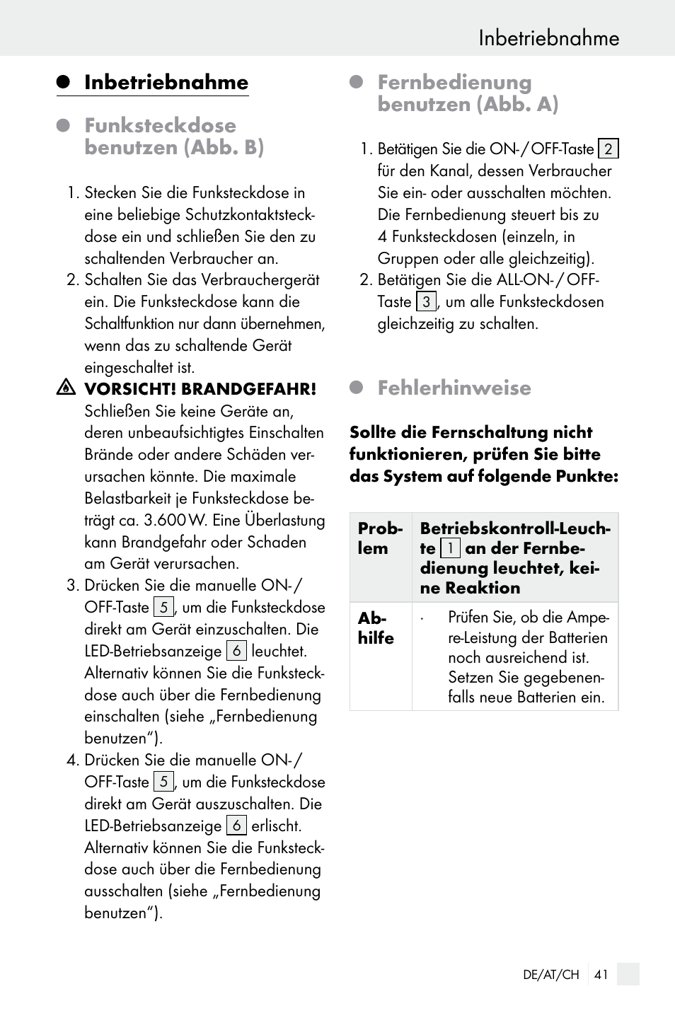 Inbetriebnahme, Inbetriebnahme funksteckdose benutzen (abb. b), Fernbedienung benutzen (abb. a) | Fehlerhinweise | Silvercrest Electrical Sockets User Manual | Page 41 / 45