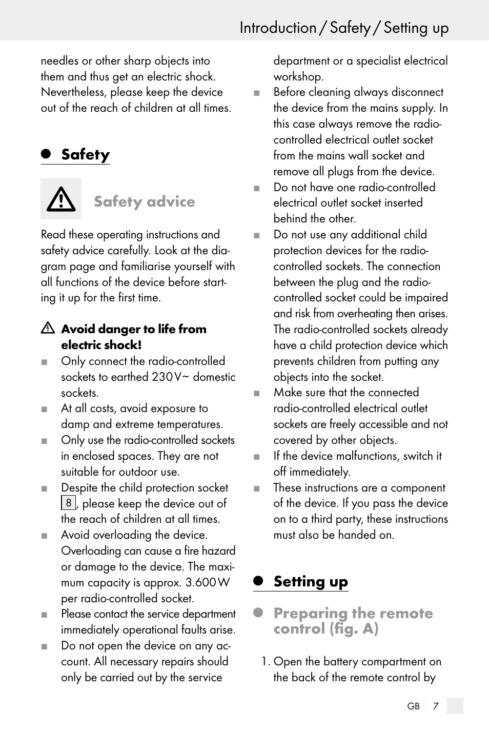 Introduction / safety / setting up, Safety, Safety advice | Setting up, Preparing the remote control (fig. a) | Silvercrest Electrical Sockets User Manual | Page 7 / 45