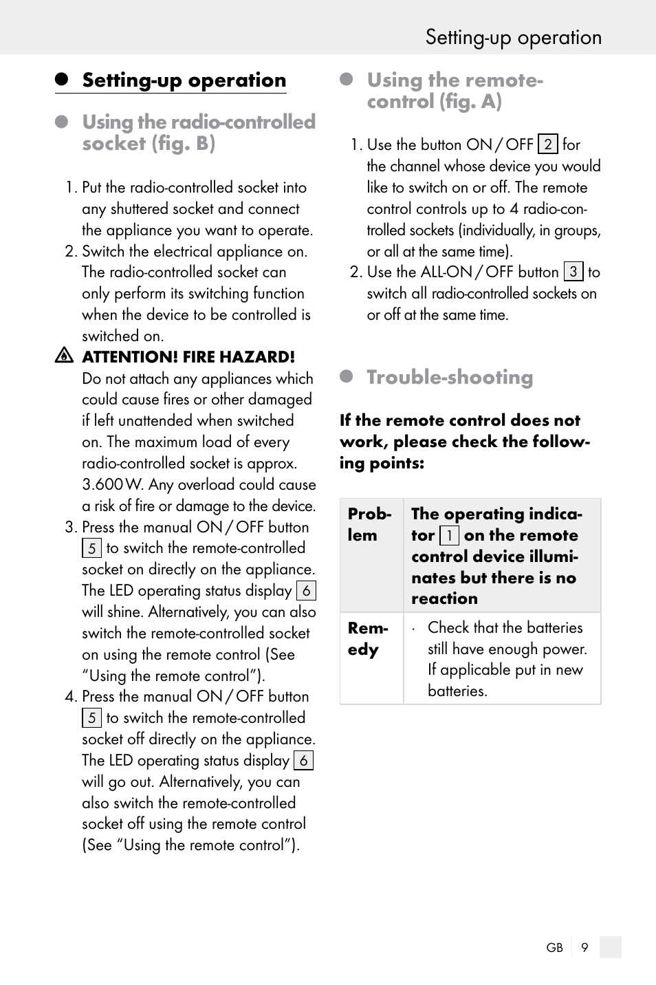 Setting-up operation, Using the radio-controlled socket (fig. b), Using the remote- control (fig. a) | Trouble-shooting | Silvercrest Electrical Sockets User Manual | Page 9 / 45