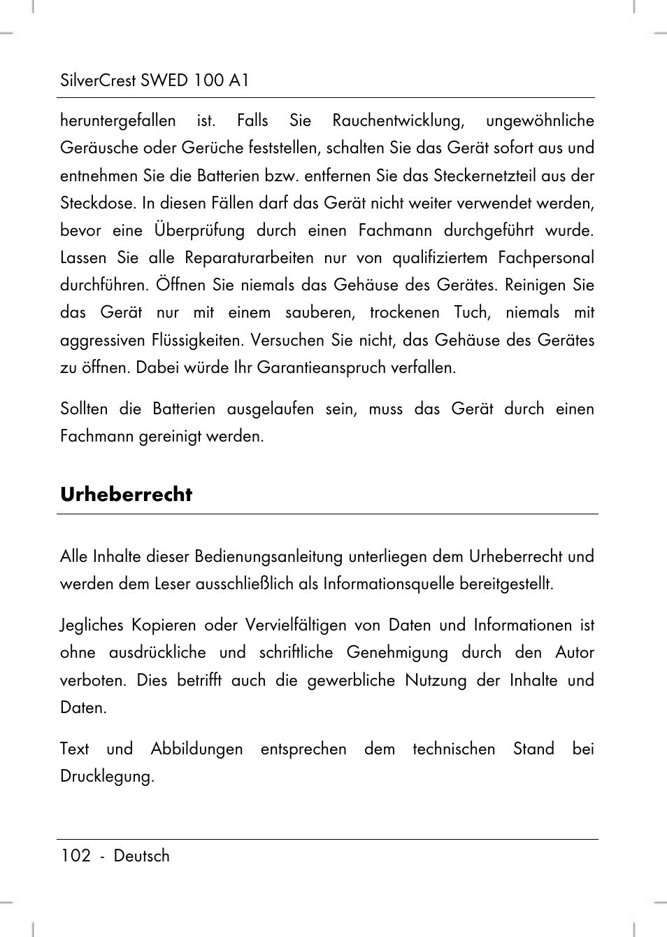 Urheberrecht | Silvercrest SWED 100 A1 User Manual | Page 104 / 126