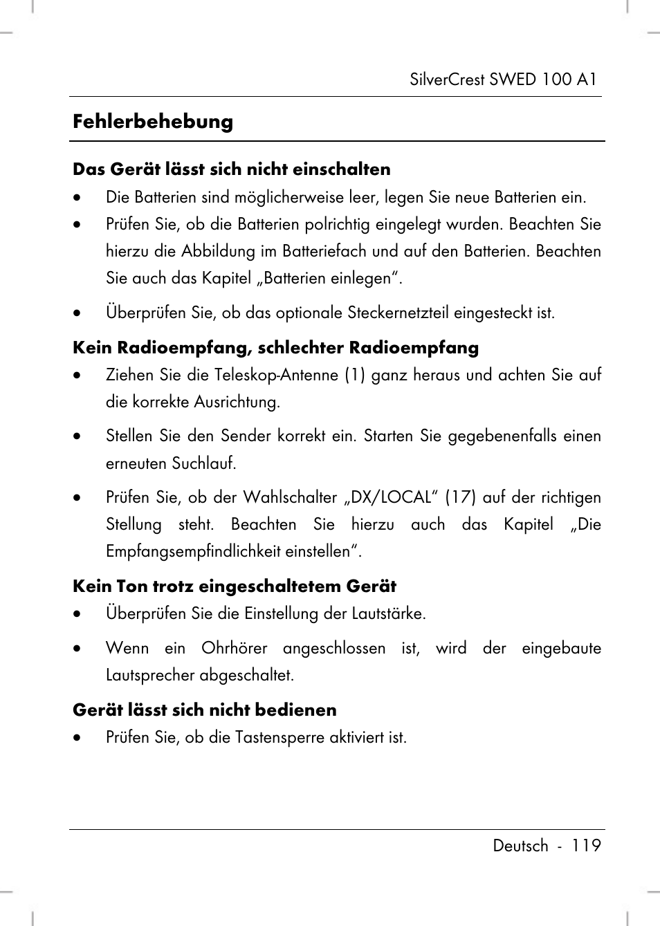 Fehlerbehebung | Silvercrest SWED 100 A1 User Manual | Page 121 / 126