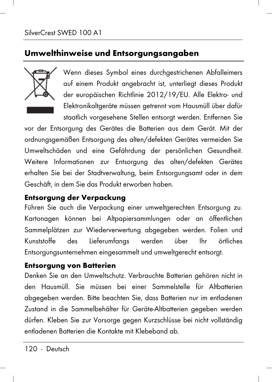Umwelthinweise und entsorgungsangaben | Silvercrest SWED 100 A1 User Manual | Page 122 / 126