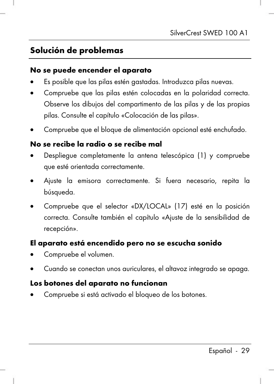 Solución de problemas | Silvercrest SWED 100 A1 User Manual | Page 31 / 126