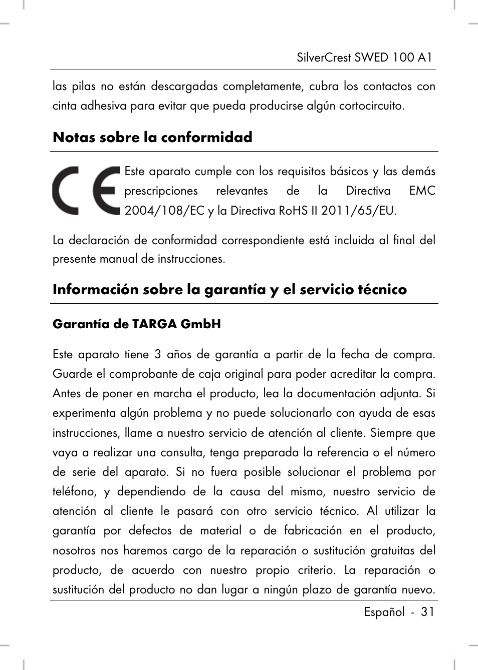 Notas sobre la conformidad | Silvercrest SWED 100 A1 User Manual | Page 33 / 126