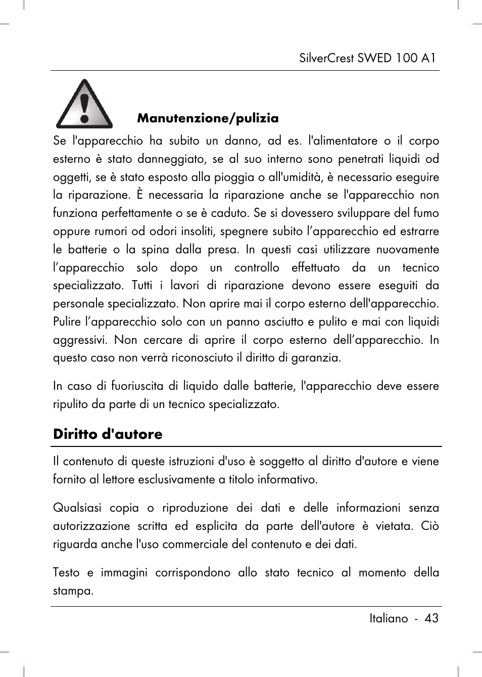 Diritto d'autore | Silvercrest SWED 100 A1 User Manual | Page 45 / 126