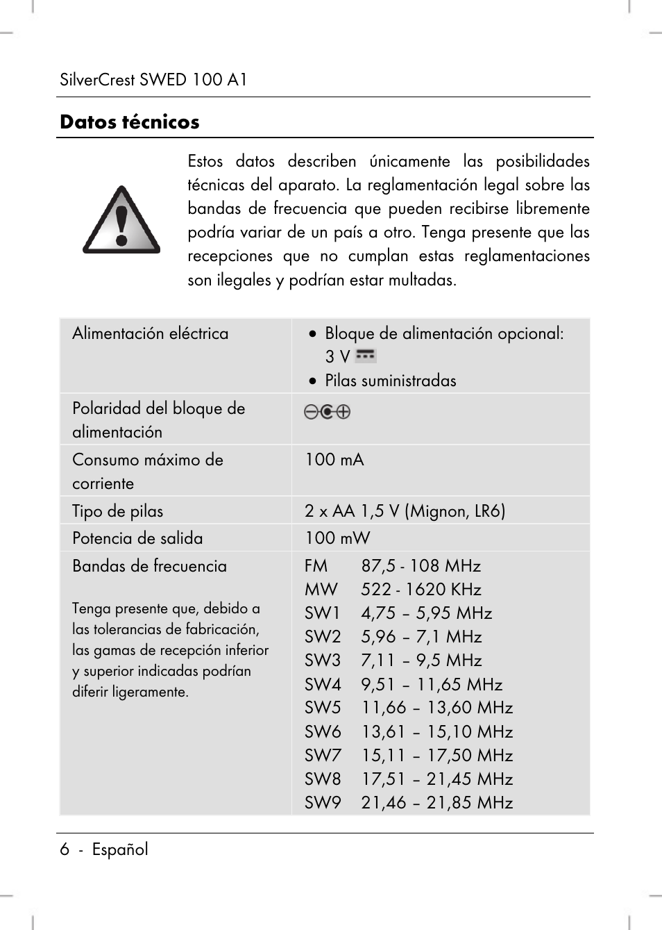 Datos técnicos | Silvercrest SWED 100 A1 User Manual | Page 8 / 126