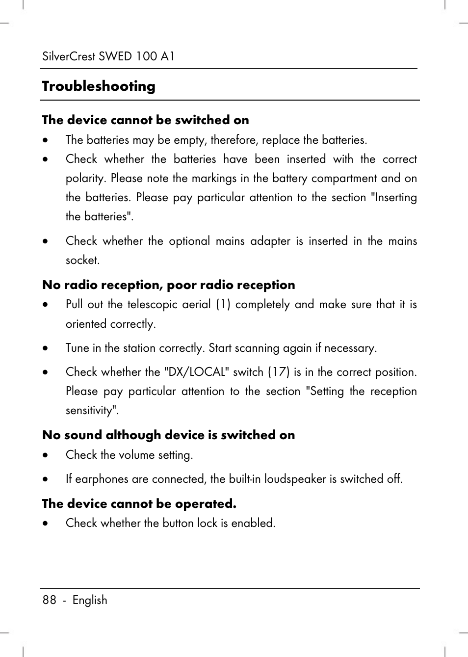 Troubleshooting | Silvercrest SWED 100 A1 User Manual | Page 90 / 126