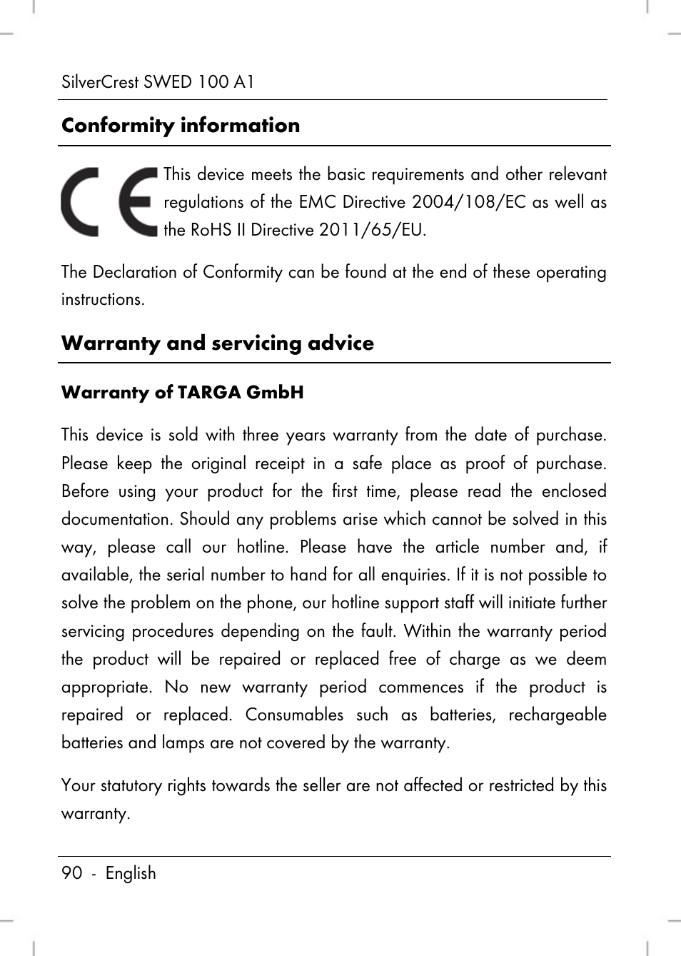 Conformity information, Warranty and servicing advice | Silvercrest SWED 100 A1 User Manual | Page 92 / 126